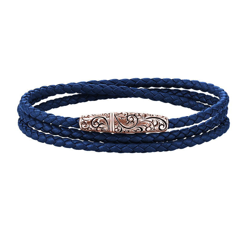 Classic Wrap Leather Bracelet - Solid Rose Gold - Blue Leather