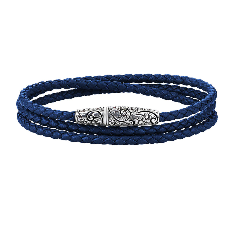 Classic Wrap Leather Bracelet - Solid White Gold - Blue Leather