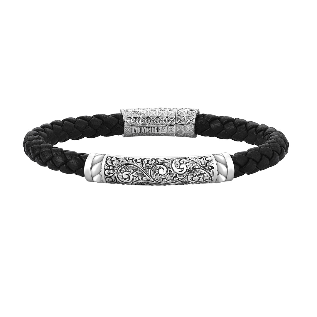 Mens Braided Leather Bracelet - Black Leather