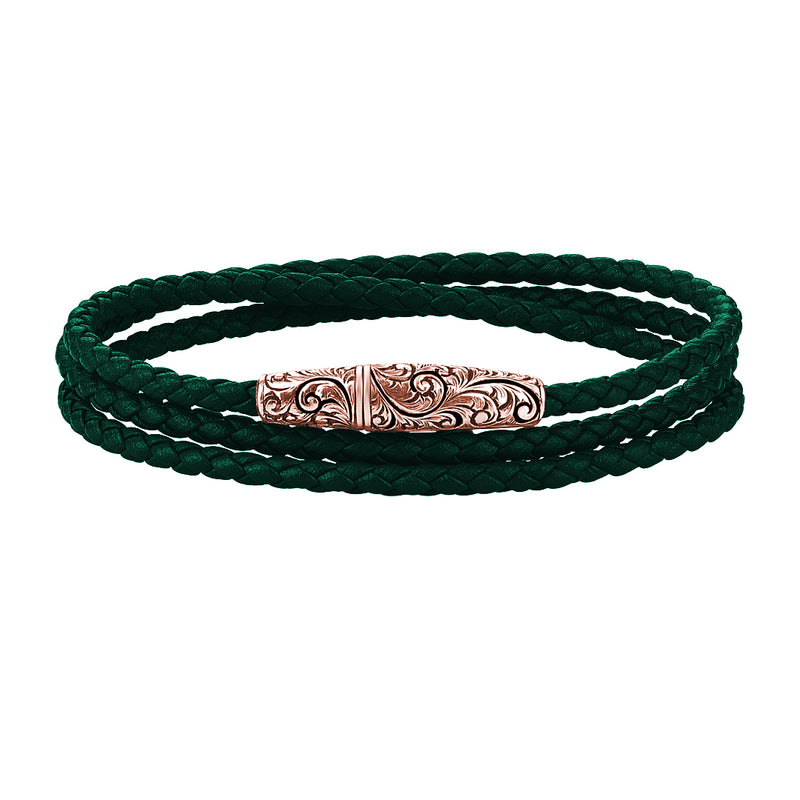 Classic Wrap Leather Bracelet - Solid Silver - Rose Gold - Dark Green Leather