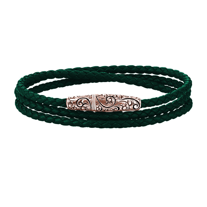 Classic Wrap Leather Bracelet - Solid Rose Gold - Dark Green Leather