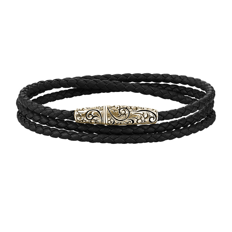 Classic Wrap Leather Bracelet - Solid Yellow Gold - Black Leather