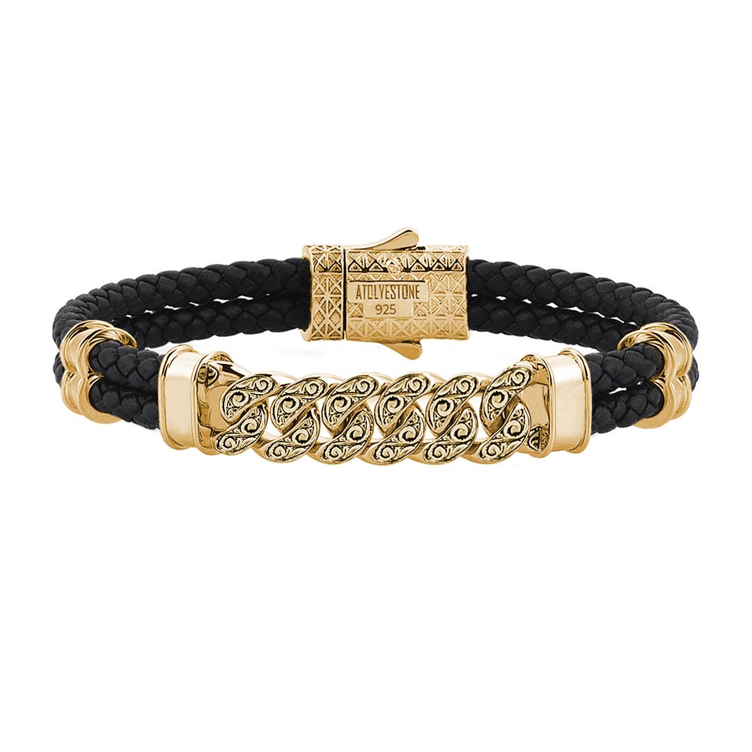 Men's Classic Cuban Links Leather Bracelet - Yellow Gold - Black Leather
