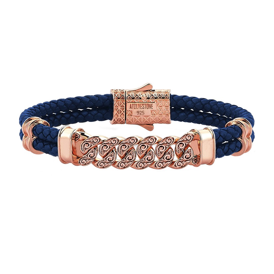 Men's Classic Cuban Links Leather Bracelet -Rose Gold - Navy