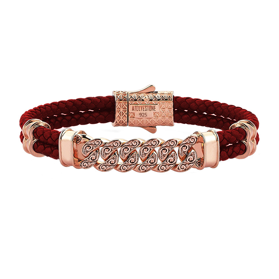 Men's Classic Cuban Links Leather Bracelet - Dark Red Leather