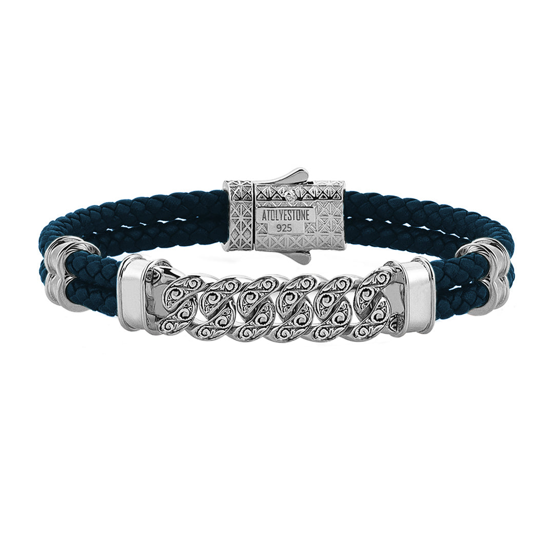 Men's Classic Silver Cuban Links Leather Bracelet - Navy