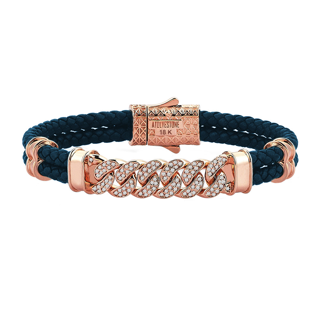 Mens Cuban Links Leather Bracelet - Navy Leather - Solid Rose Gold