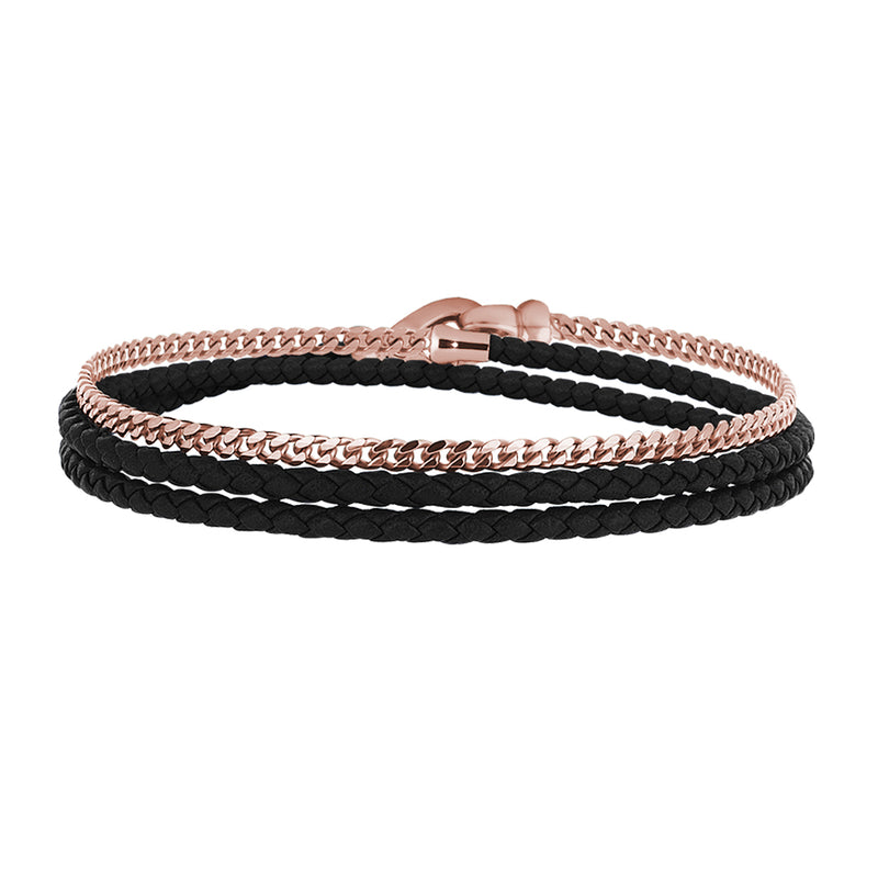 Men's Solid Silver Cuban Chain & Black Leather Wrap Bracelet - Rose Gold