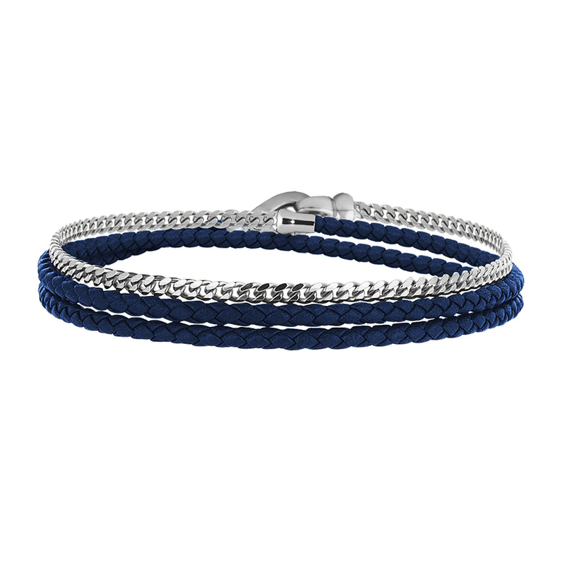 Men's 14K Solid White Gold Cuban Chain & Blue Leather Wrap Bracelet