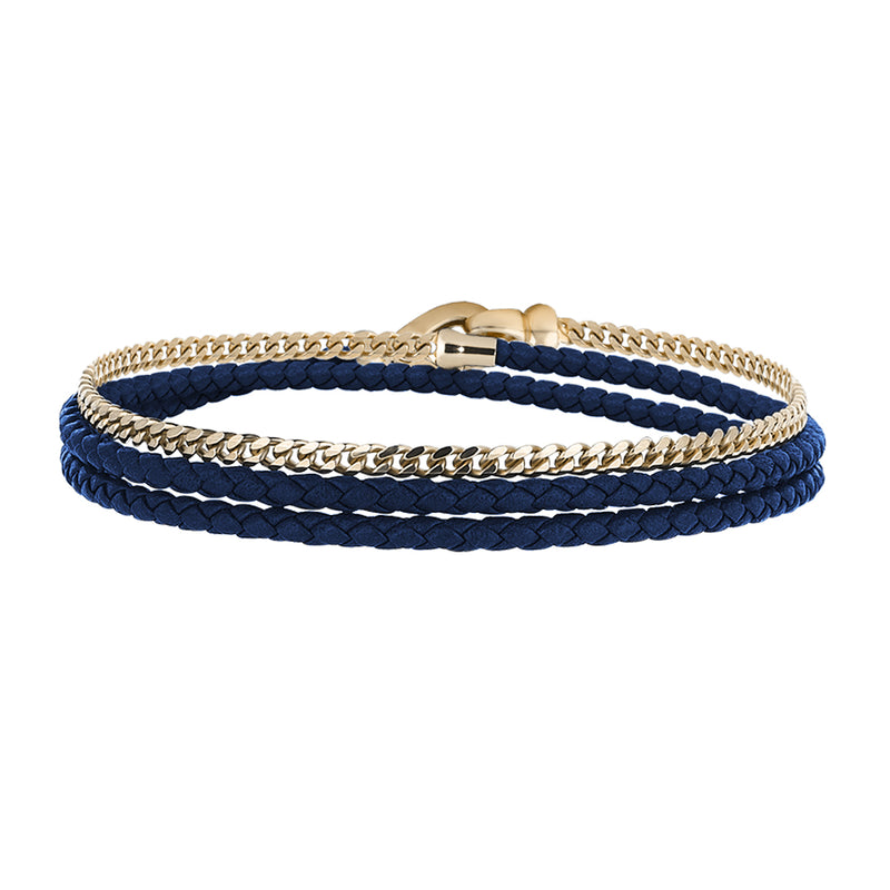 Men's Sterling Silver Cuban Chain & Blue Leather Wrap Bracelet - Yellow Gold