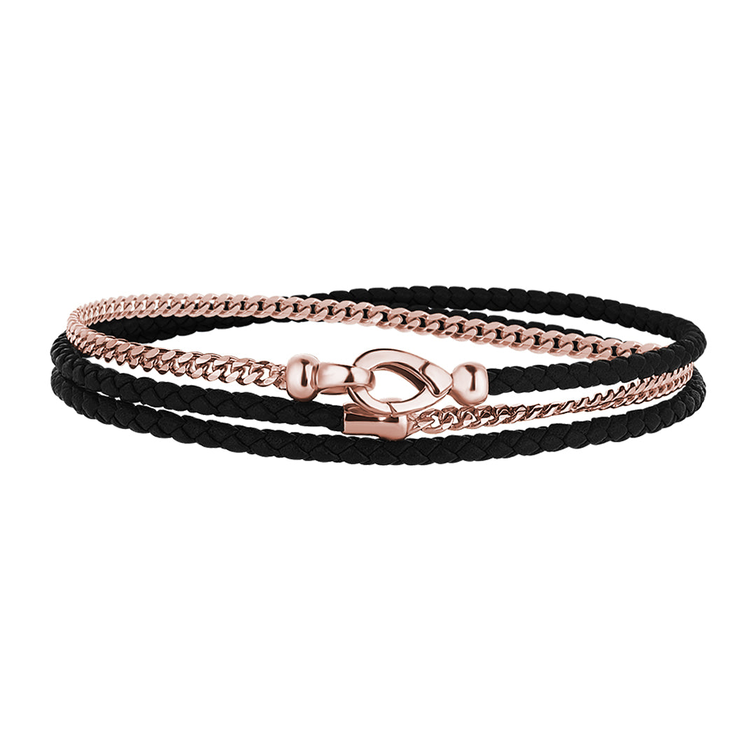 Men's 14K Real Rose Gold Cuban Chain & Black Leather Wrap Bracelet