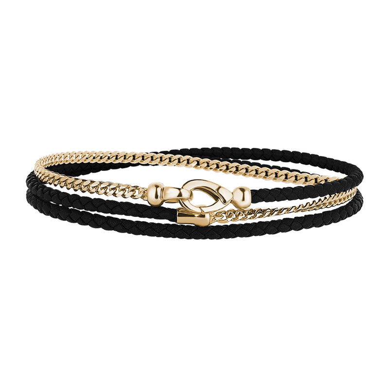 Men's 14K Real Yellow Gold Cuban Chain & Black Leather Wrap Bracelet