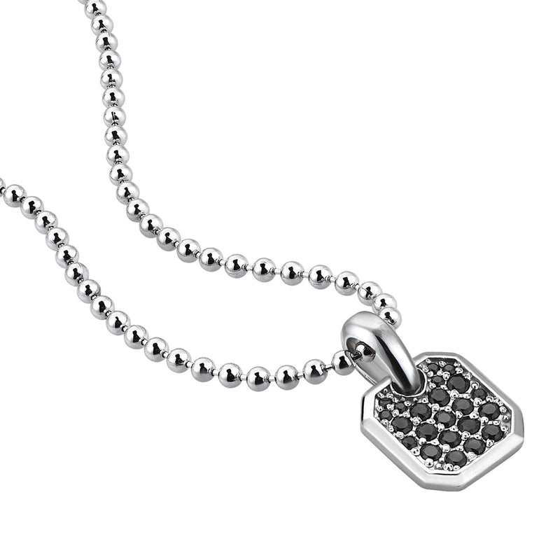 925 Sterling Silver Cushion Tag Necklace Paved with Black Diamonds