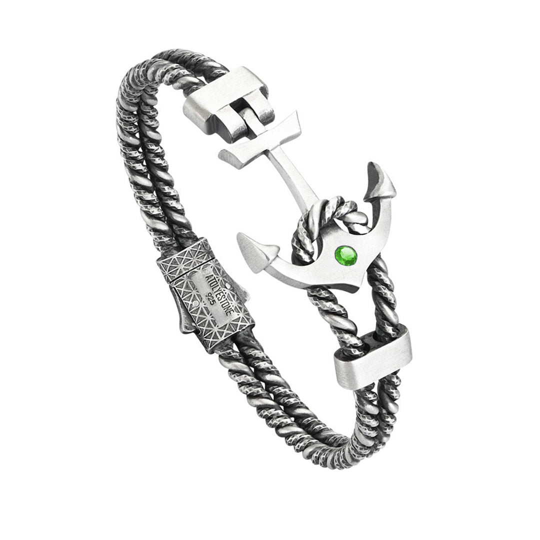 Mens Diamond Invictus Anchor Bangle - Solid Silver - Emerald