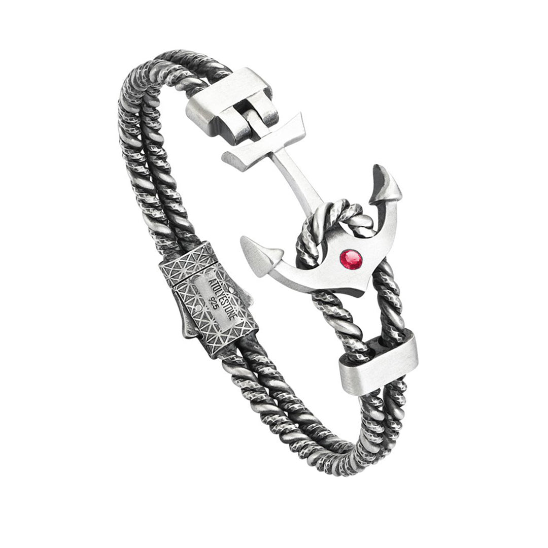 Mens Diamond Invictus Anchor Bangle - Solid Silver - Ruby