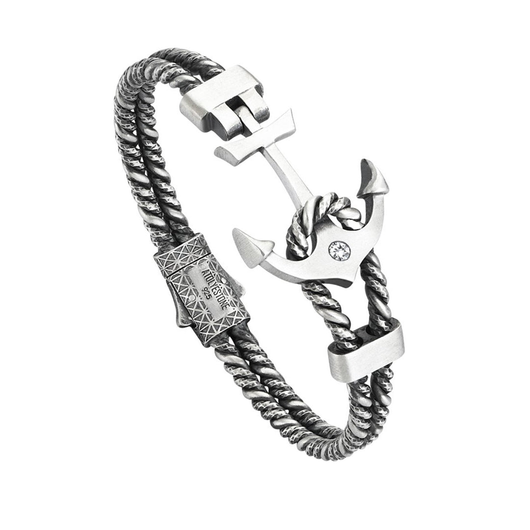 Mens Diamond Invictus Anchor Bangle - Solid Silver - White Diamond