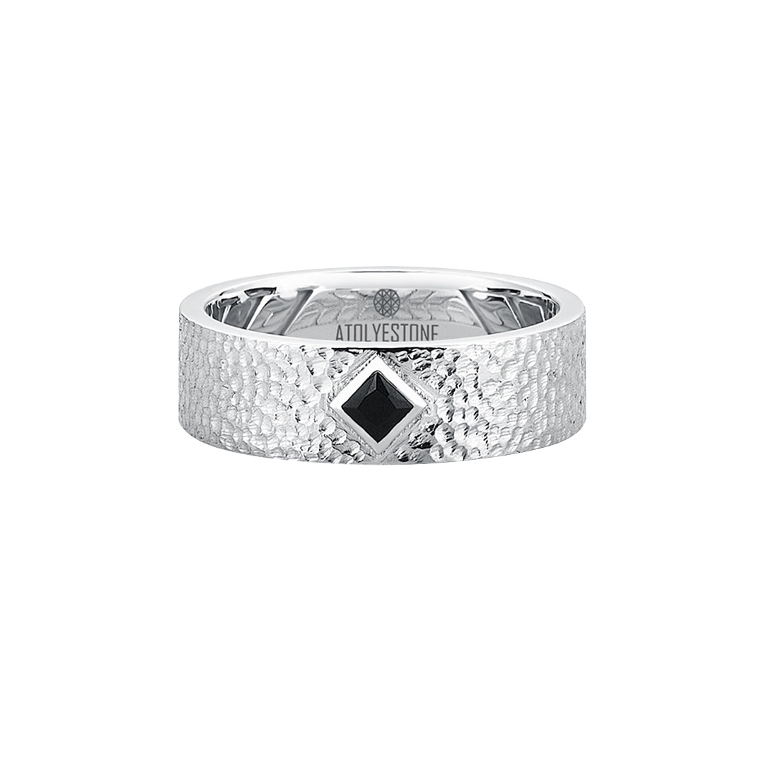Men's Solid White Gold Hammered 7mm Band Solitaire Ring