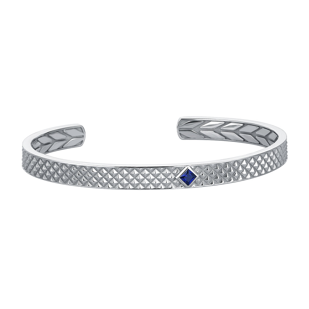 Men's 925 Sterling Silver Pyramid Design Open Cuff Bracelet with Sapphire