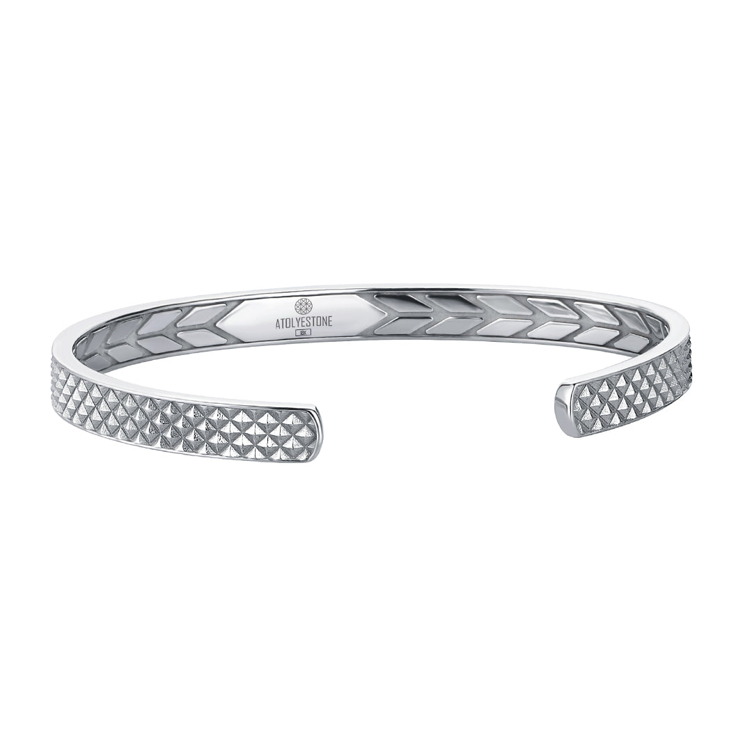 Men's Diamond Pyramid Design Open Cuff Bracelet in 18k Real White Gold