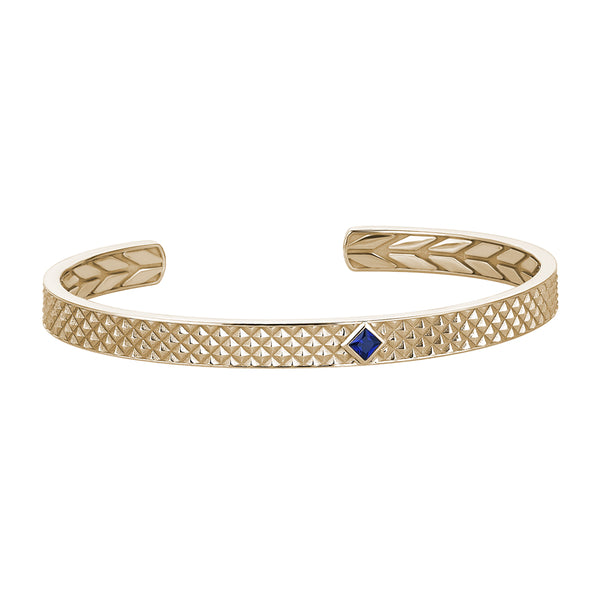 Men's Solid Yellow Gold Sapphire Paved Open Cuff Bracelet with Pyramid Design