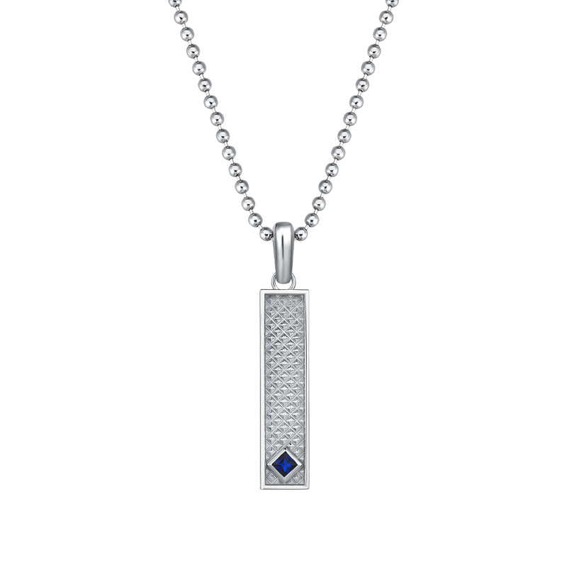 Men's Solid White Gold Vertical Pyramid Design Pendant with Real Sapphire