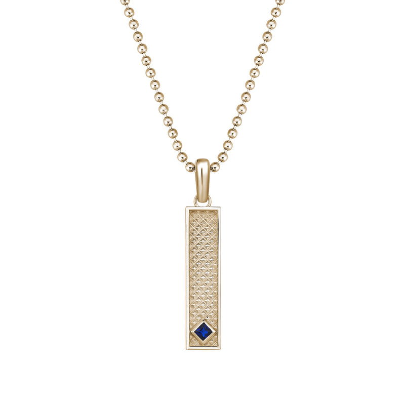 Men's Solid Yellow Gold Vertical Pyramid Design Pendant with Genuine Sapphire