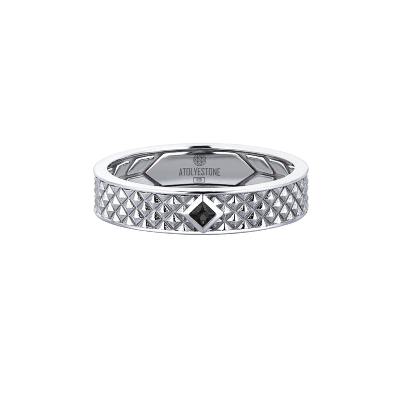 Men's Black Diamond Paved 925 Sterling Silver Band Ring with Pyramid Design