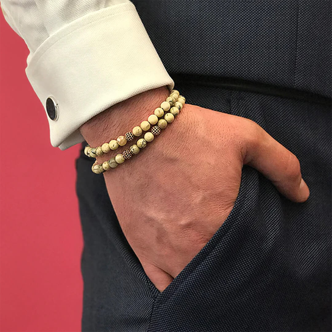 Mens Double Zenith Beaded Bracelet - Fossil Coral - Rose Gold