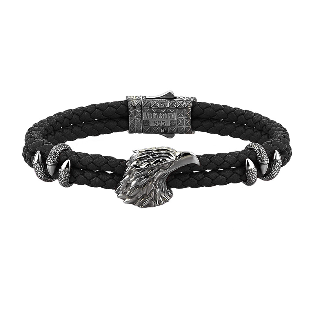 Mens Eagle Leather Bracelet - Black Leather - Gunmetal