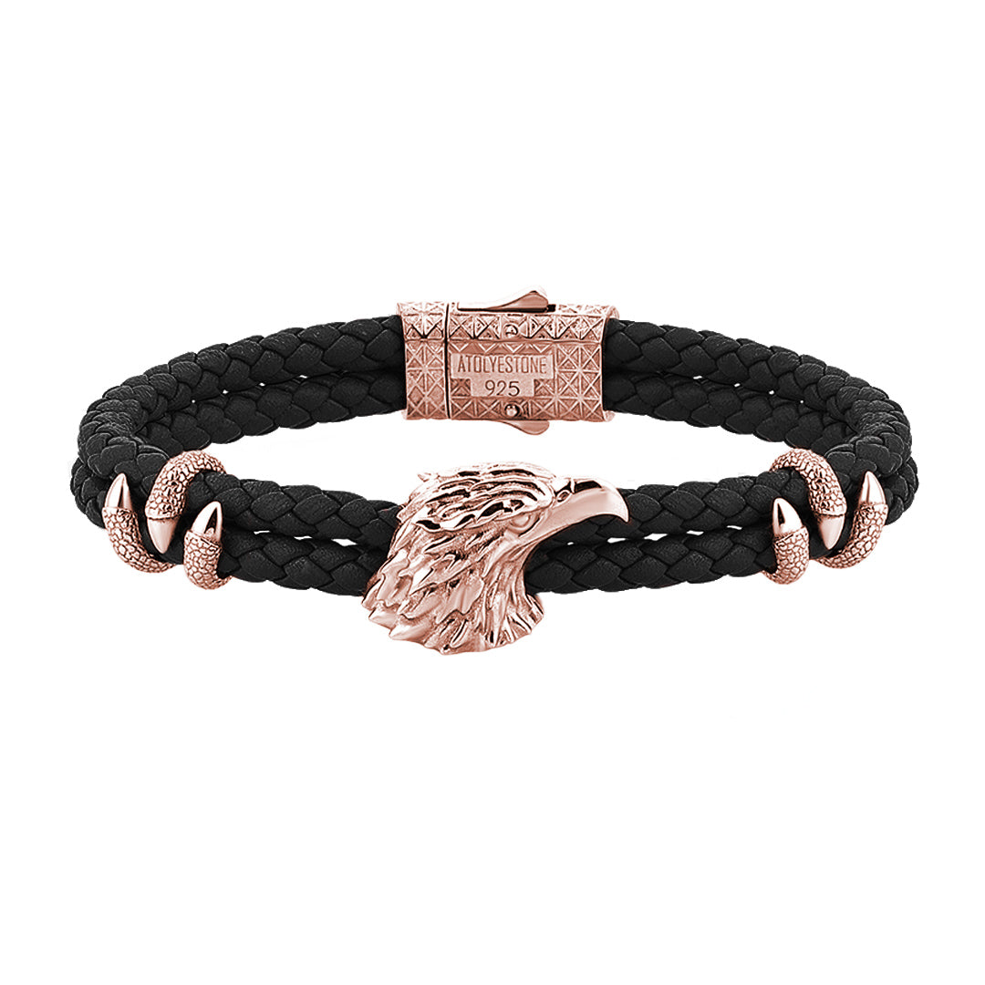 Mens Eagle Leather Bracelet - Black Leather - Rose Gold