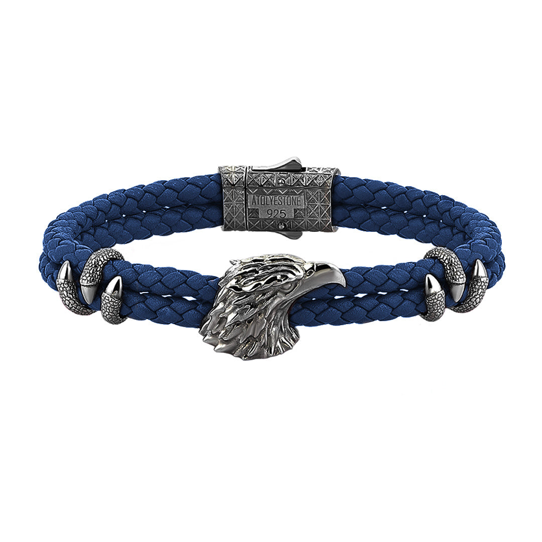 Mens Eagle Leather Bracelet - Blue Leather - Gunmetal