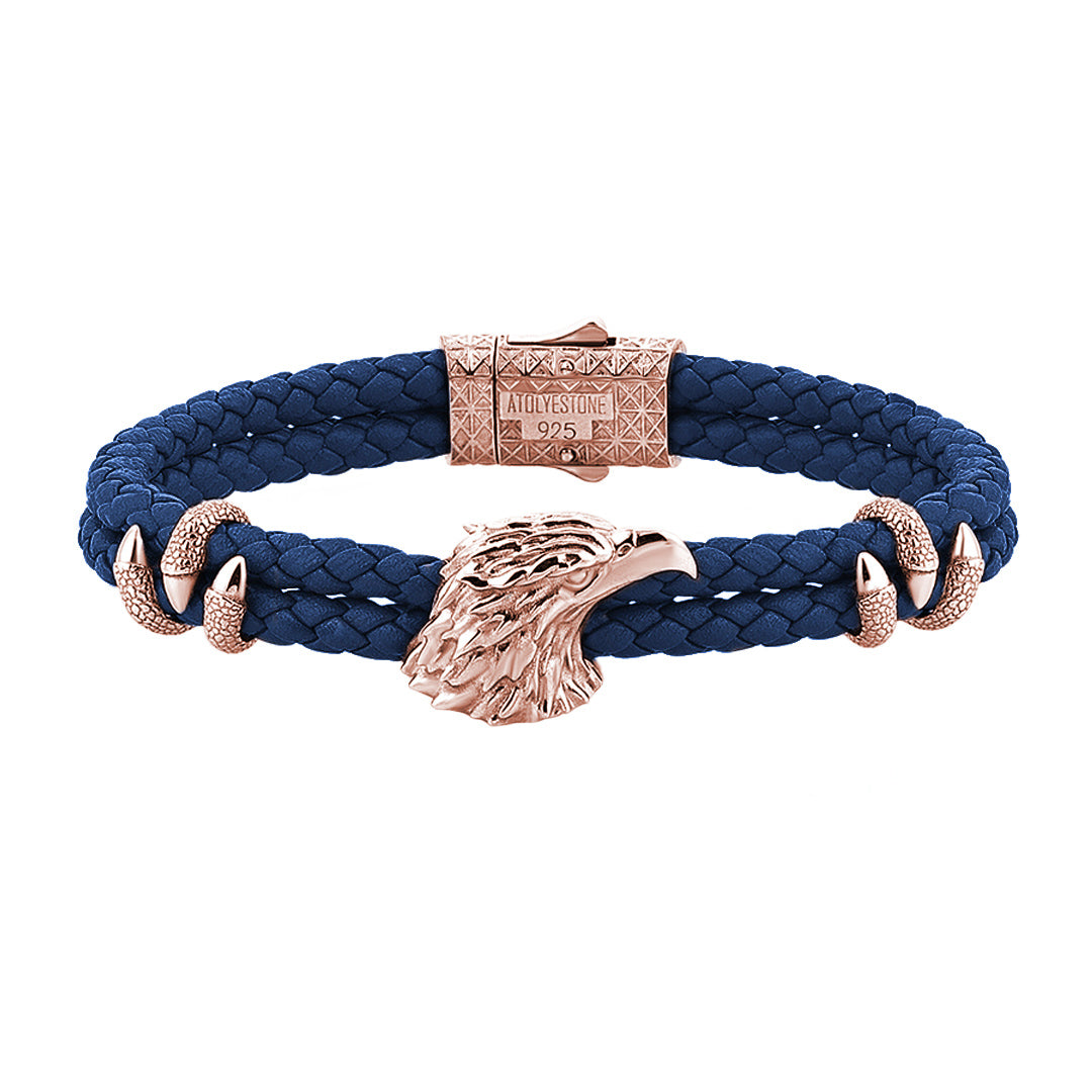 Mens Eagle Leather Bracelet - Blue Leather - Rose Gold