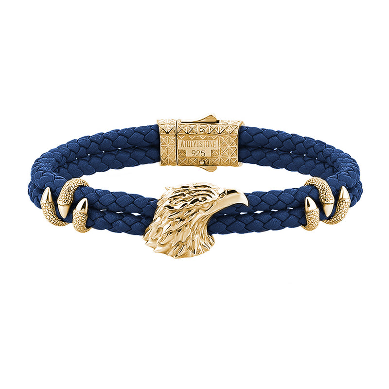 Mens Eagle Leather Bracelet  - Blue Leather - Yellow Gold