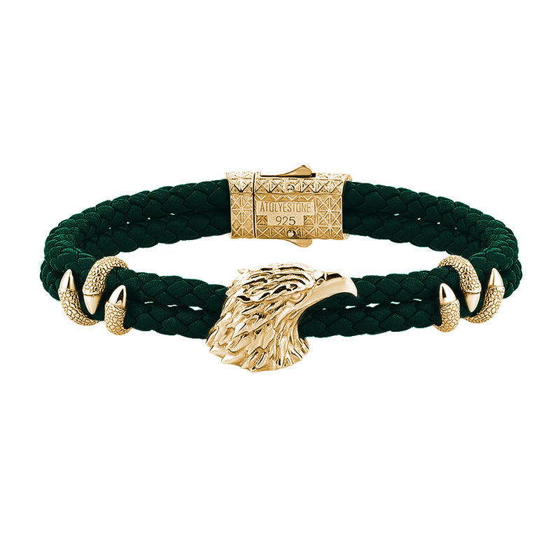 Mens Eagle Leather Bracelet  - Dark Green Leather - Yellow Gold
