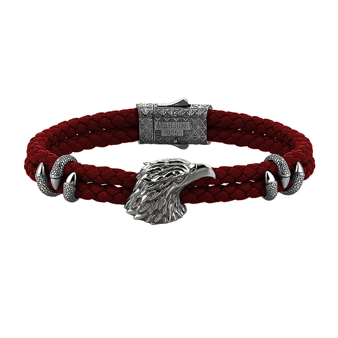Mens Eagle Leather Bracelet - Dark Red Leather - Gunmetal