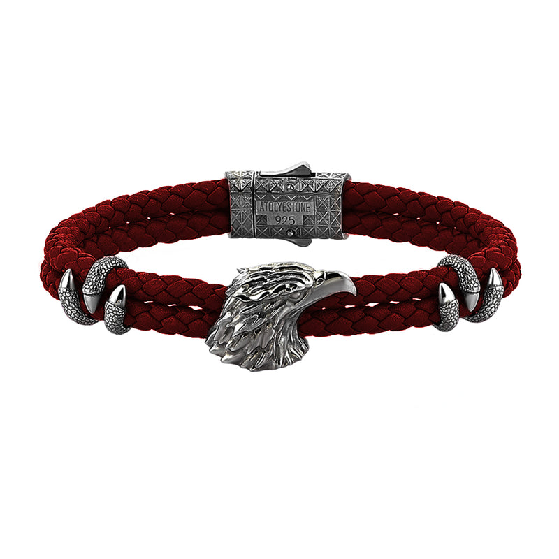 Mens Eagle Leather Bracelet  - Dark Red  Leather - Gunmetal