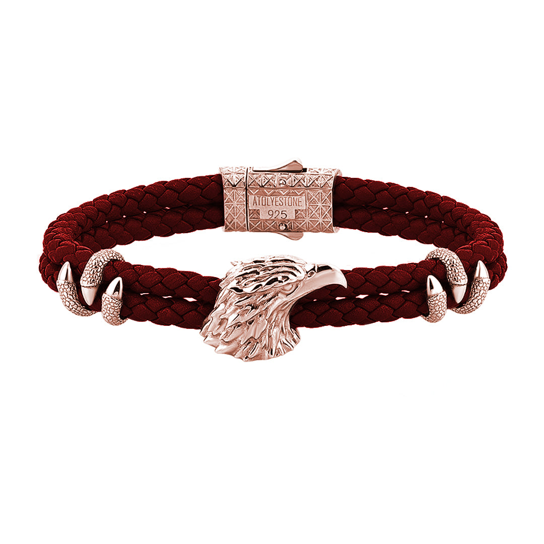 Mens Eagle Leather Bracelet - Dark Red Leather - Rose Gold