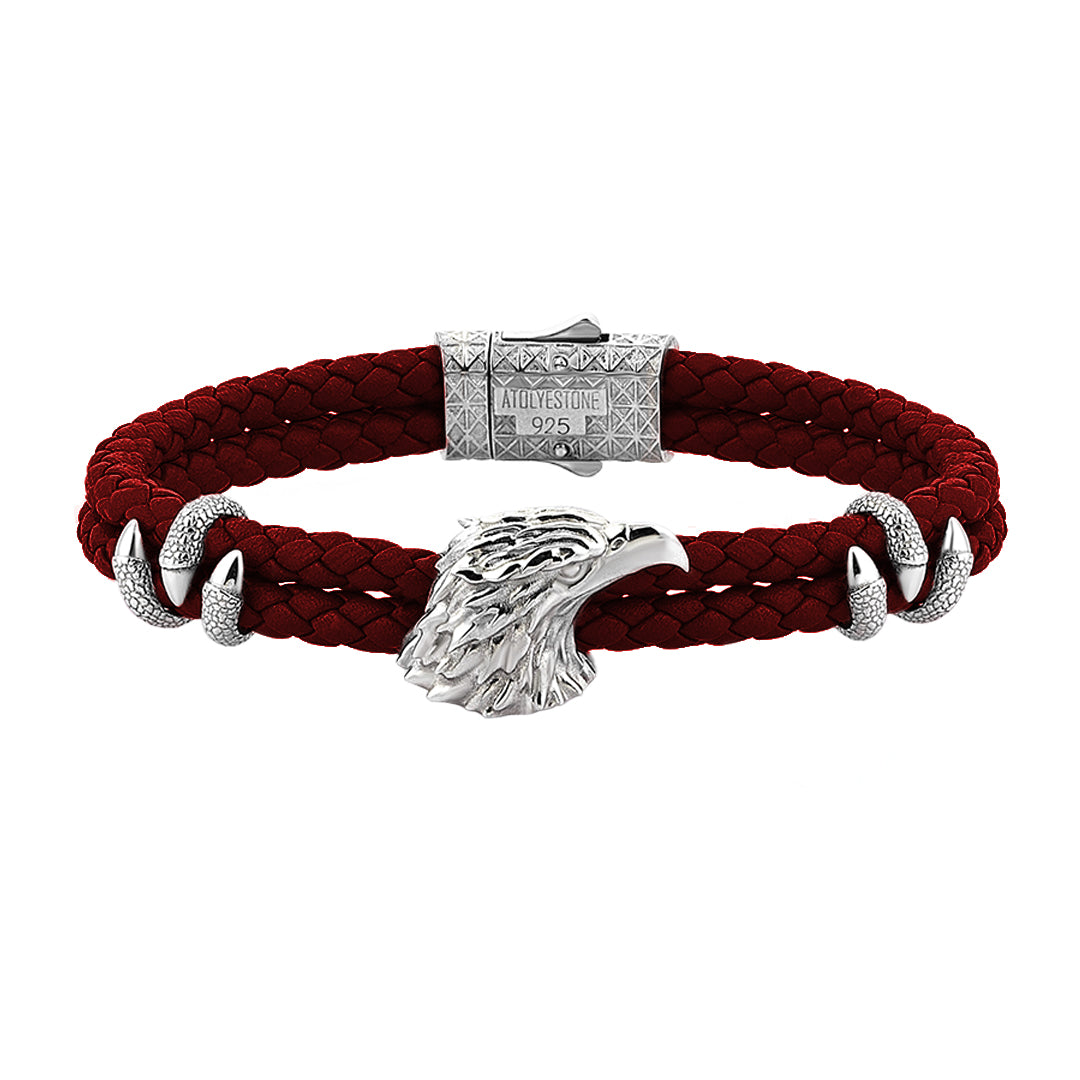 Mens Eagle Leather Bracelet - Dark Red Leather - Solid Silver