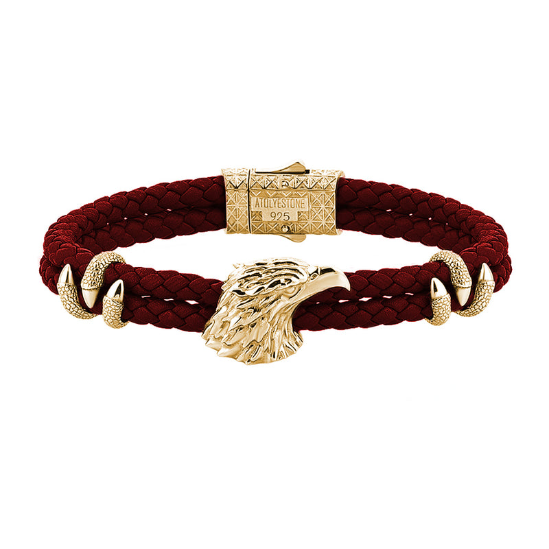 Mens Eagle Leather Bracelet  - Dark Red Leather - Yellow Gold