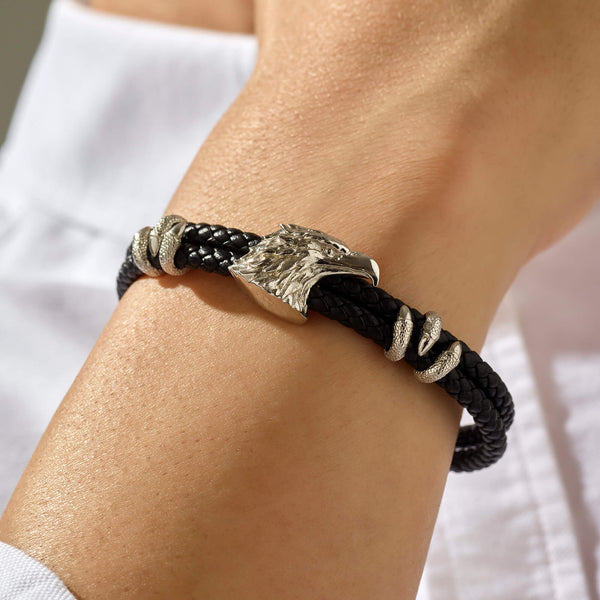 Black leather bracelet for man with solid silver nugget - JoyElly