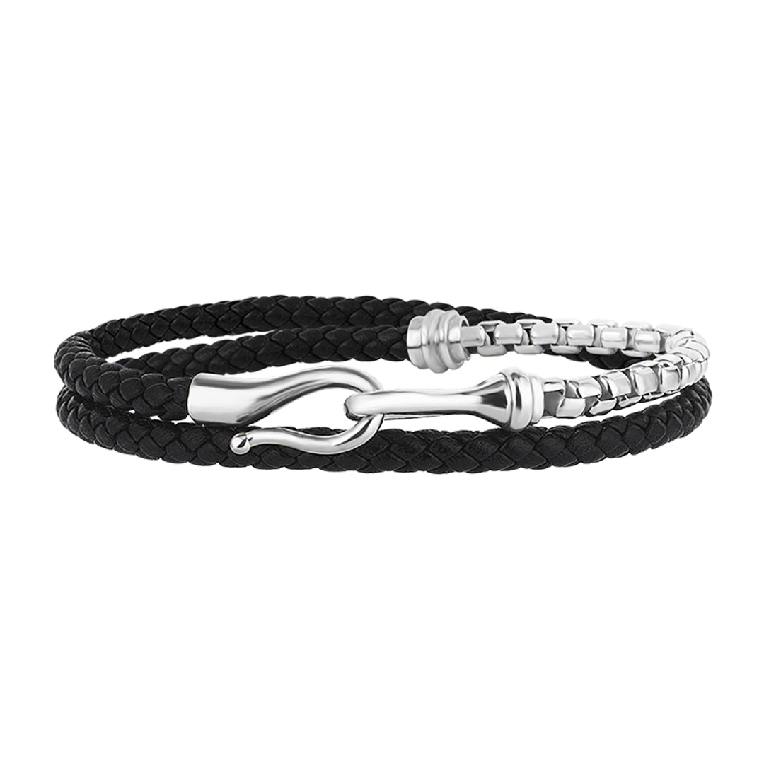 Men's 14k Real White Gold Box Chain & Fish Hook Black Leather Wrap Bracelet