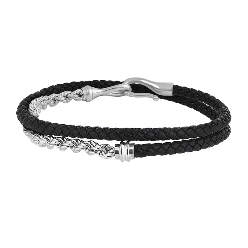 Men's Solid Silver Rope Chain & Fish Hook Black Leather Wrap Bracelet