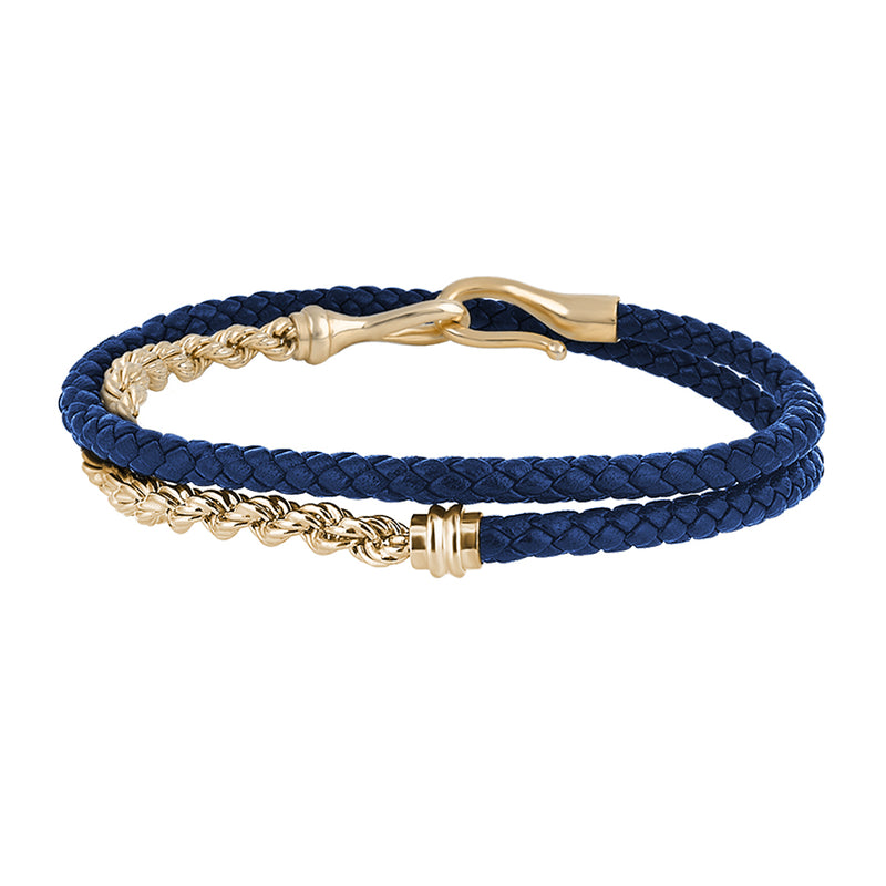 Men's 925 Sterling Silver Rope Chain & Fish Hook Blue Leather Wrap Bracelet - Yellow Gold
