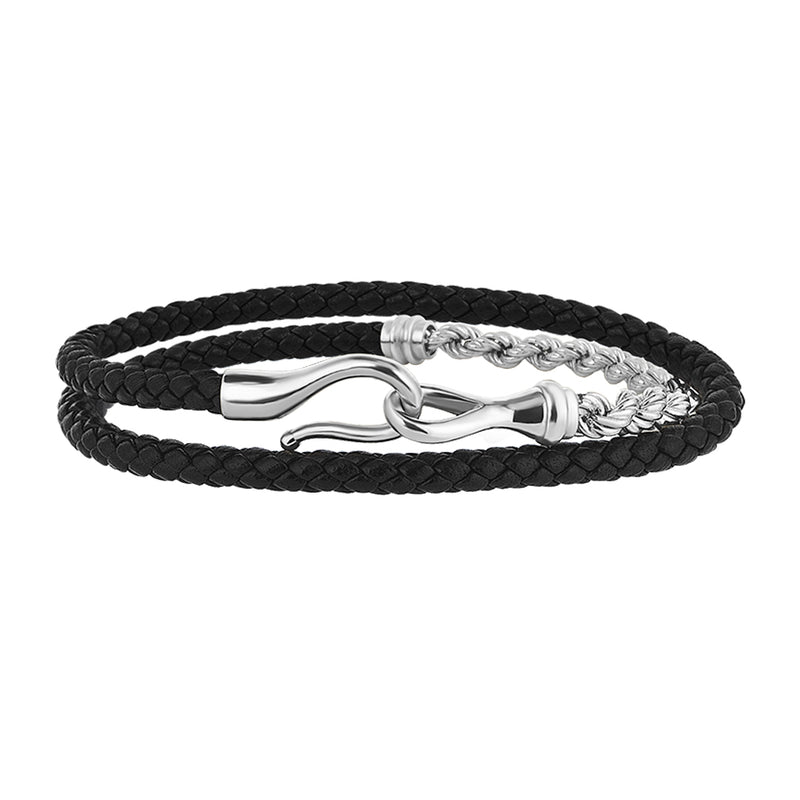 Men's 925 Sterling Silver Rope Chain & Fish Hook Black Leather Wrap Bracelet