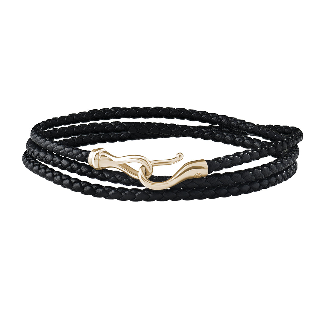 Fish Hook Triple Wrap Leather Bracelet in Gold