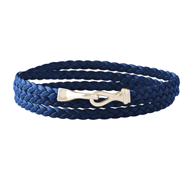 Men's Fish Hook Wrap Flat Leather Bracelet in Solid Gold - Blue Leather & Yellow Gold