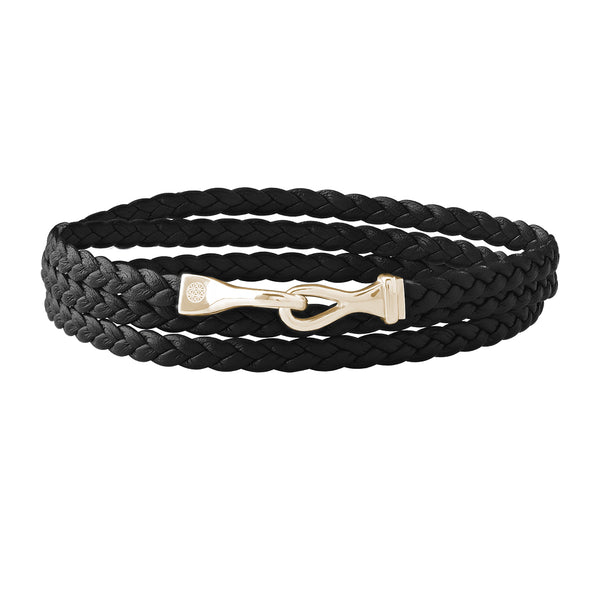 Men's Fish Hook Wrap Flat Leather Bracelet in Solid Gold - Black Leather & Yellow Gold