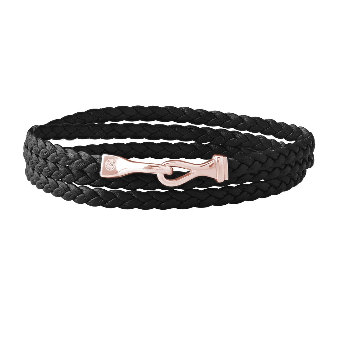Men's Fish Hook Wrap Flat Leather Bracelet in Solid Gold - Black Leather & Rose Gold
