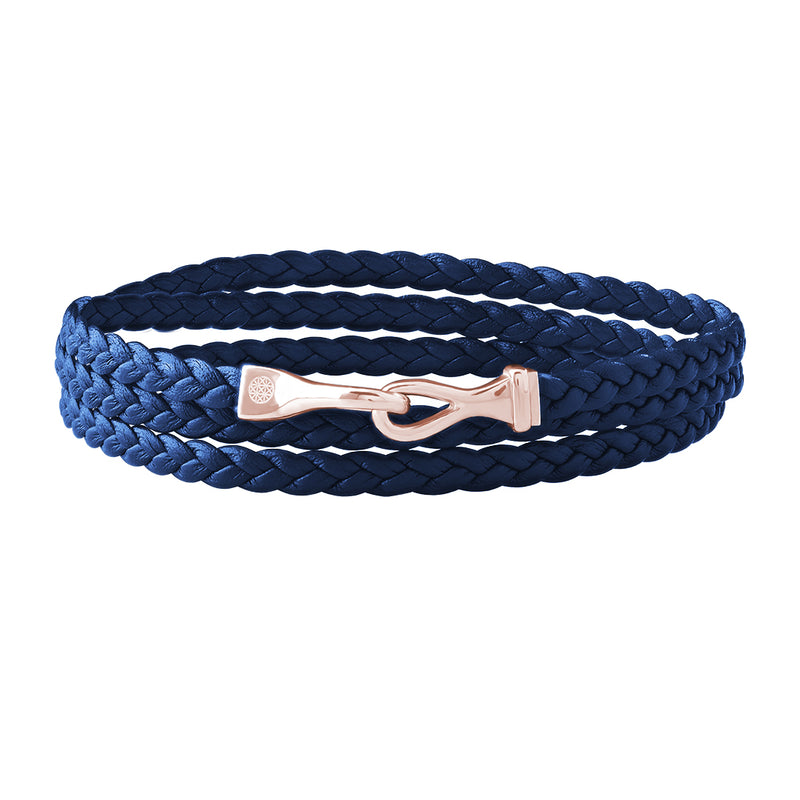 Men's Fish Hook Wrap Flat Leather Bracelet in Solid Gold - Blue Leather & Rose Gold