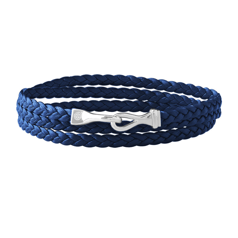 Men's Fish Hook Wrap Flat Leather Bracelet in Solid Gold - Blue Leather & White Gold